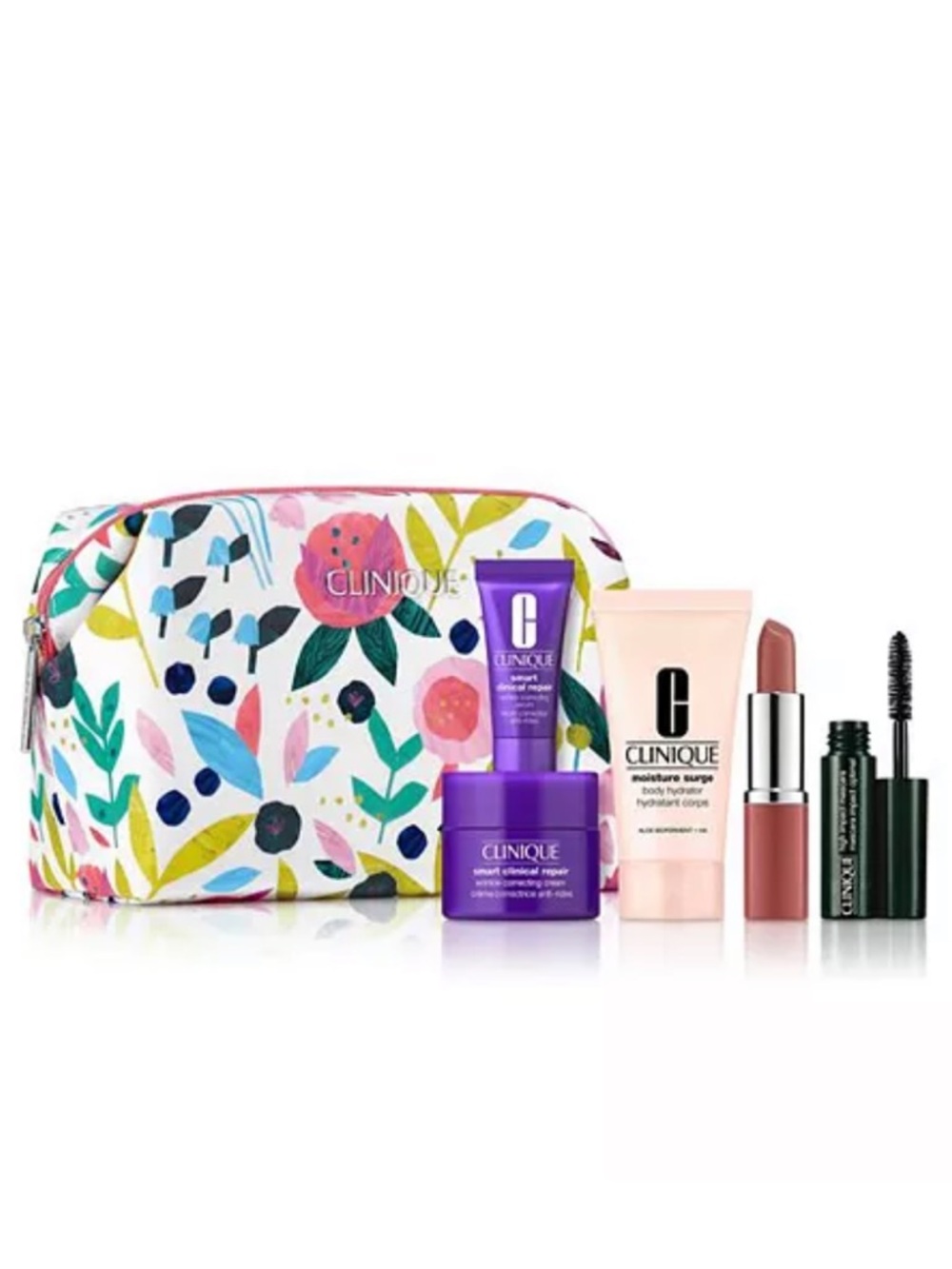 New! Clinique Floral Makeup Bag Set with Skincare & Lipstick - Travel sizes